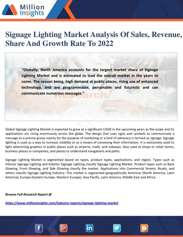 Signage Lighting Market Analysis Of Sales, Revenue, Share And Growth Rate To 2022