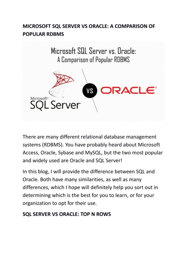 MICROSOFT SQL SERVER VS ORACLE: A COMPARISON OF POPULAR RDBMS