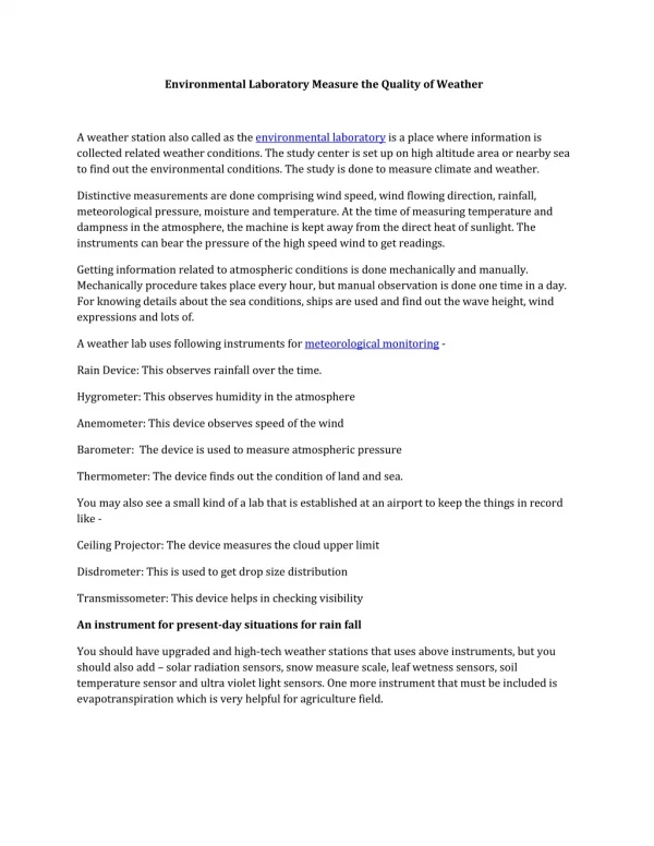 Environmental Laboratory Measure the Quality of Weather