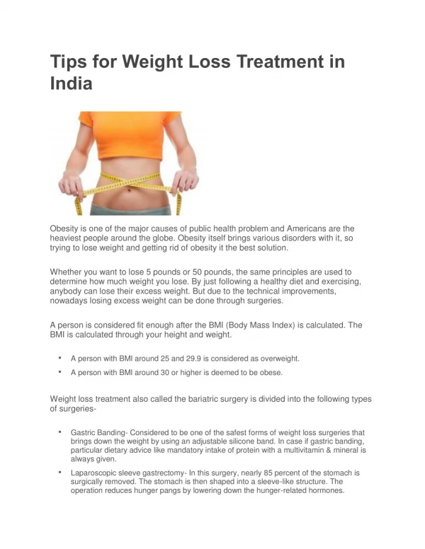 Tips for Weight Loss Treatment in India