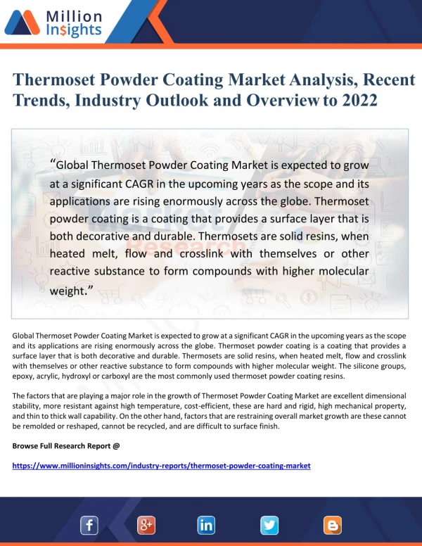 Thermoset Powder Coating Market Analysis, Recent Trends, Industry Outlook and Overview to 2022