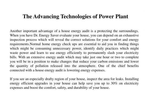 The Advancing Technologies of Power Plant