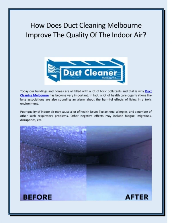 How Does Duct Cleaning Melbourne Improve the Quality of the Indoor Air