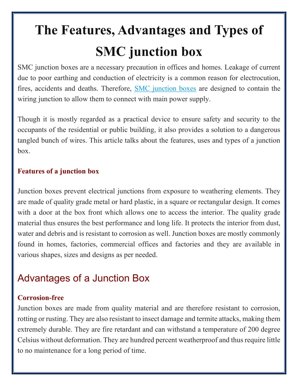 the features advantages and types of smc junction