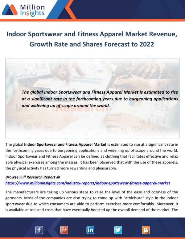 Indoor Sportswear and Fitness Apparel Market Revenue, Growth Rate and Shares Forecast to 2022