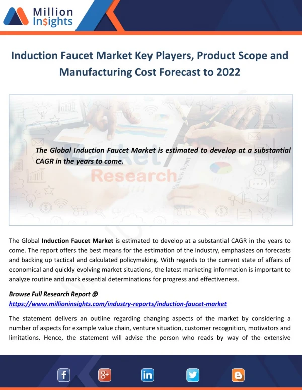 Induction Faucet Market Key Players, Product Scope and Manufacturing Cost Forecast to 2022