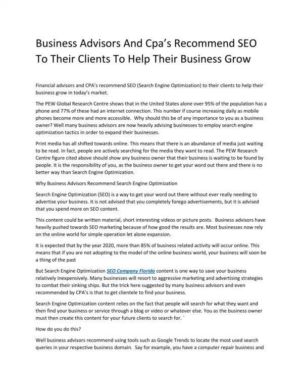 Business Advisors And Cpa’s Recommend SEO To Their Clients To Help Their Business Grow