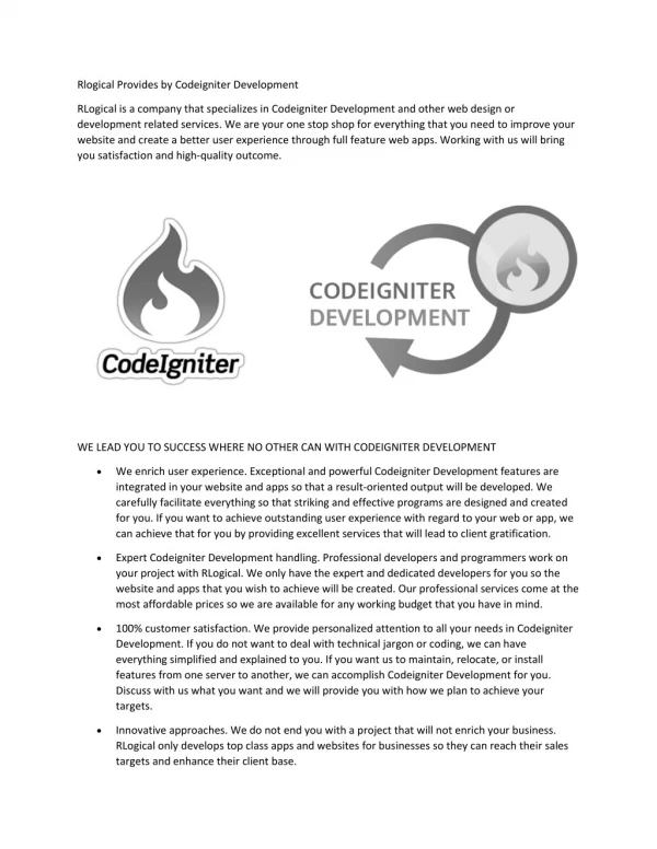 RLogical is a company that specializes in Codeigniter Development