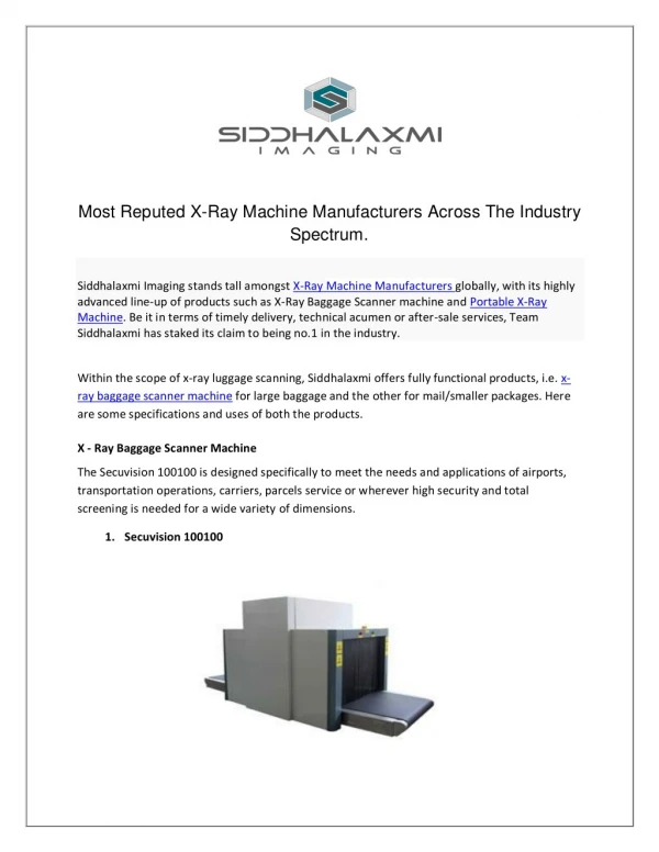Most Reputed X-Ray Machine Manufacturers Across The Industry Spectrum.