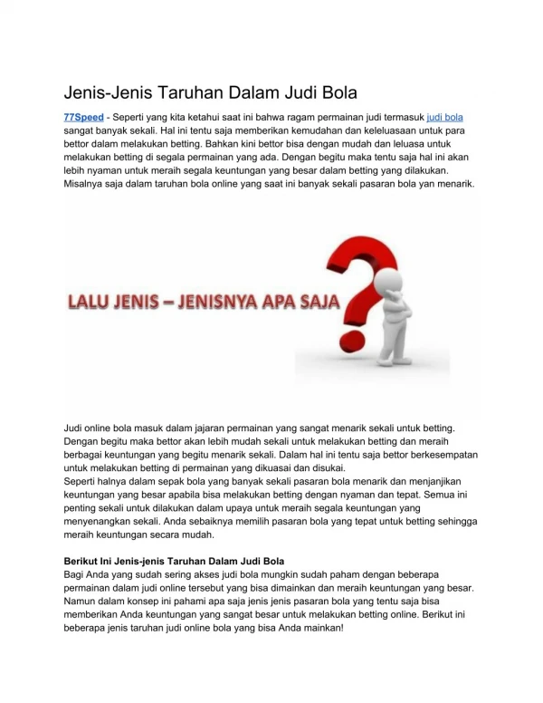 Jenis-Jenis Taruhan Dalam Judi Bola