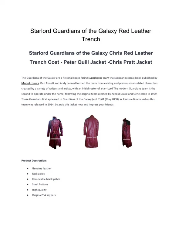 Starlord Guardians of the Galaxy Red Leather Trench