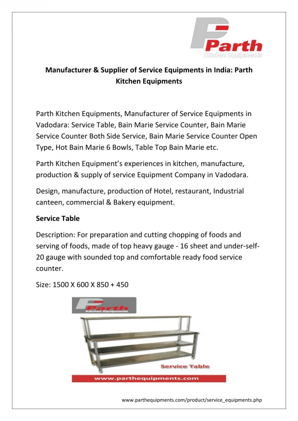 Manufacturer & Supplier of Service Equipments: Parth Kitchen Equipments