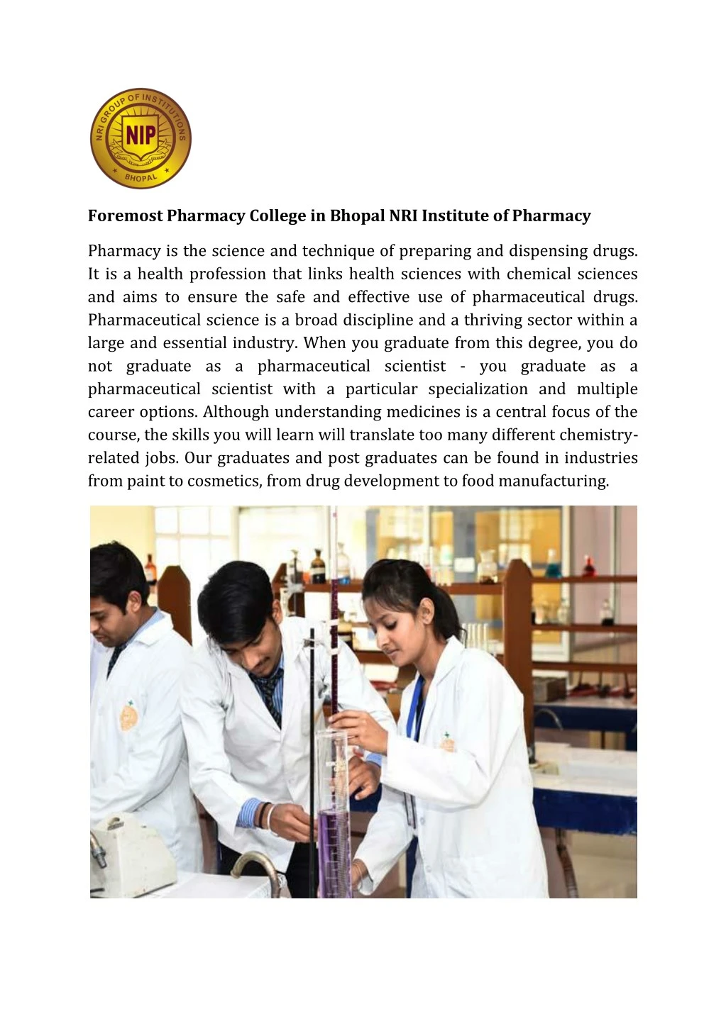 foremost pharmacy college in bhopal nri institute