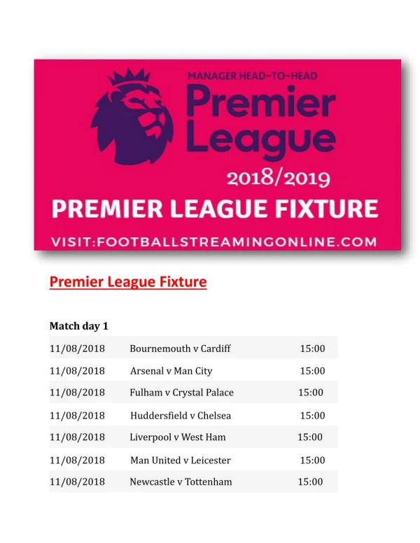 Premier League Fixtures Live Premier League