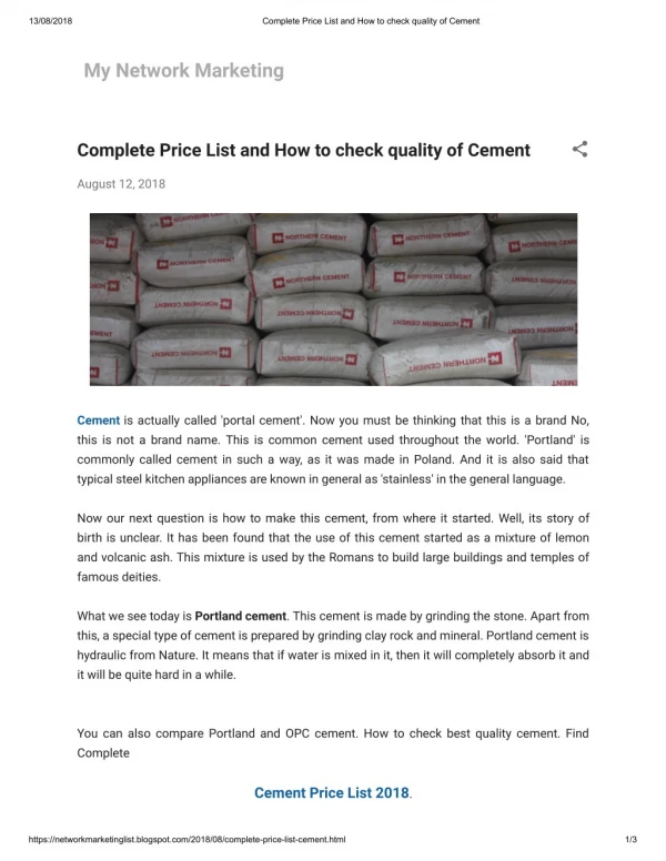 Complete Price List and How to check quality of Cement