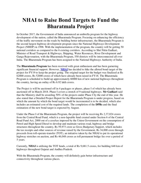 NHAI to Raise Bond Targets to Fund the Bharatmala Project