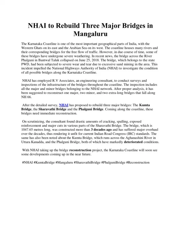 NHAI to Rebuild Three Major Bridges in Mangaluru