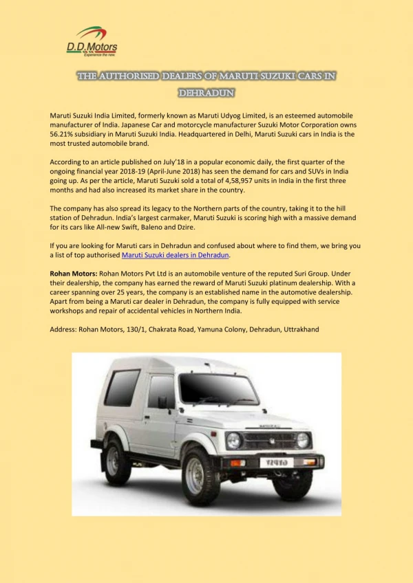 The Authorised Dealers of Maruti Suzuki Cars in Dehradun