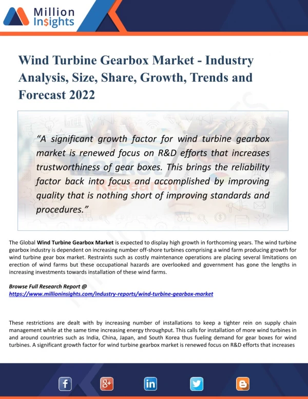 Wind Turbine Gearbox Market Analysis, Manufacturing Cost Structure, Growth Opportunities and Restraint 2022