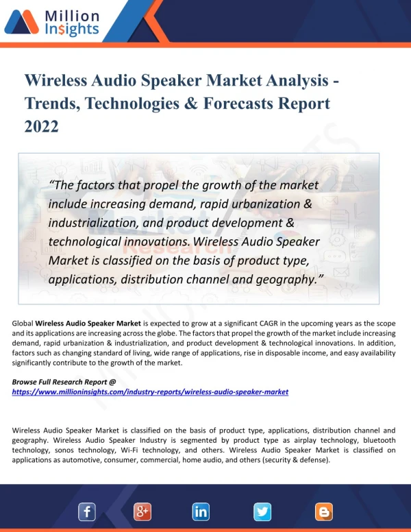 Wireless Audio Speaker Market Growth Rate, Key players, Region, Suppliers, Types & Applications to 2022