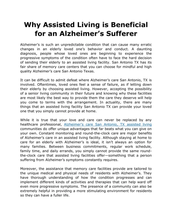 Why Assisted Living is Beneficial for an Alzheimer’s Sufferer