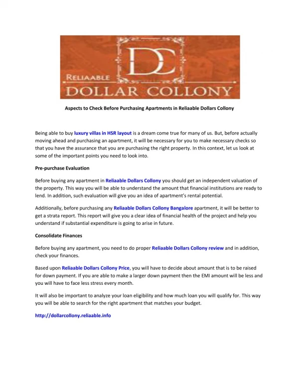 Aspects to Check Before Purchasing Apartments in Reliaable Dollars Collony