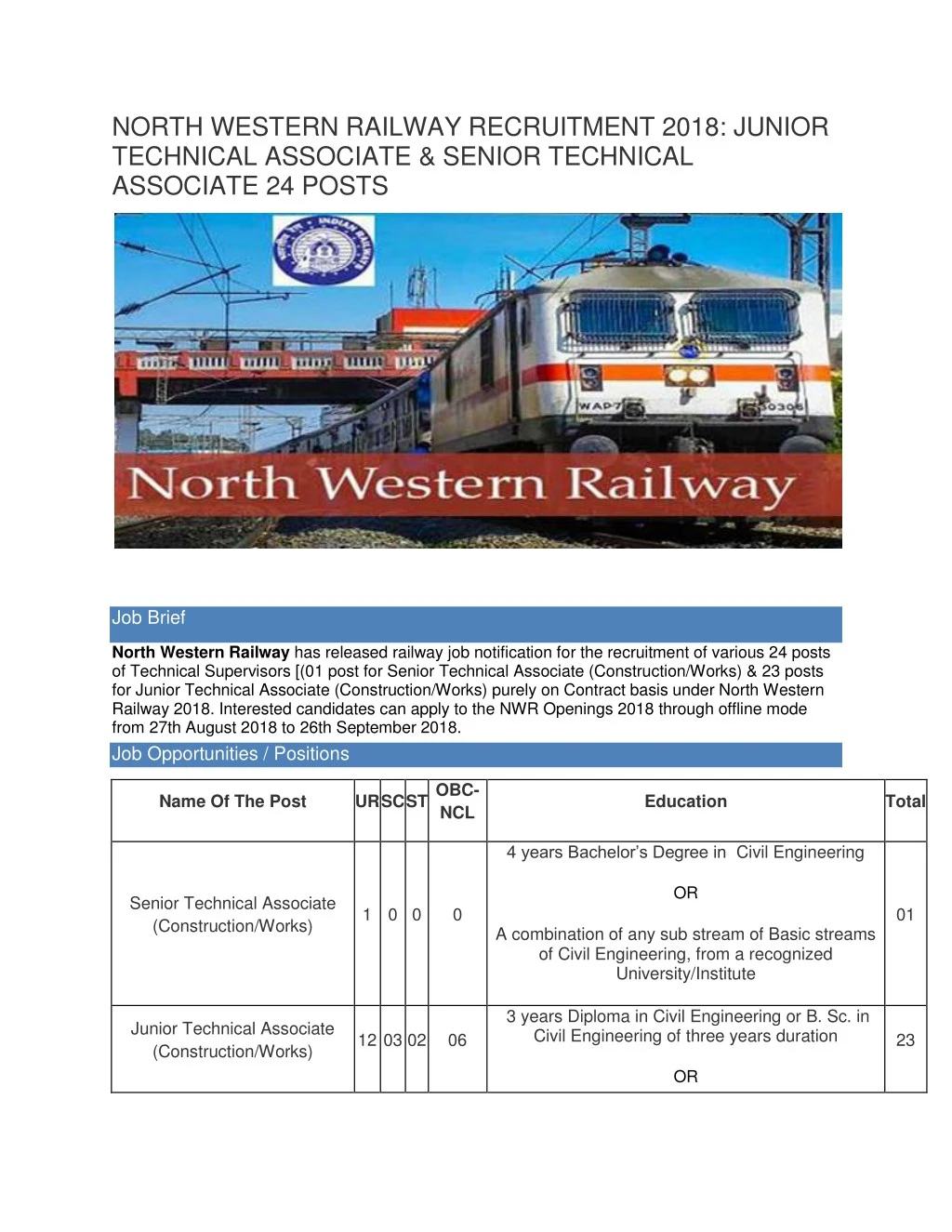 north western railway recruitment 2018 junior