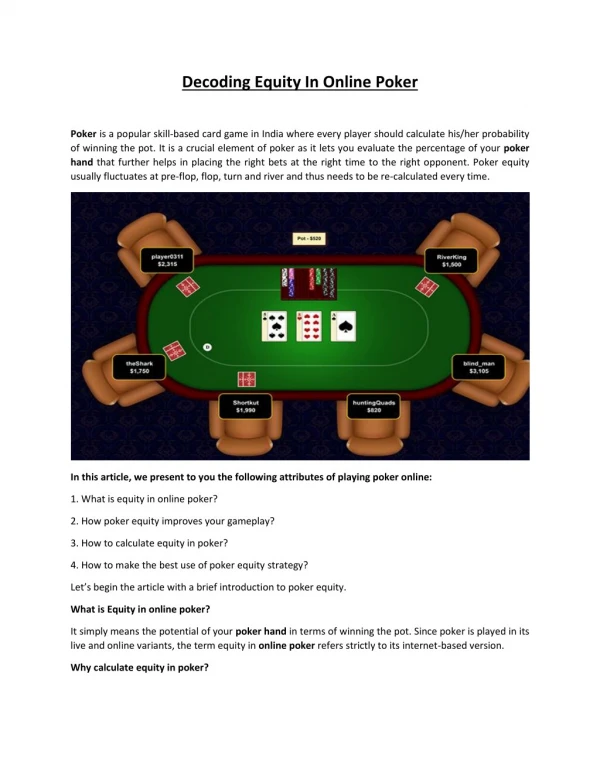 Decoding Equity In Online Poker