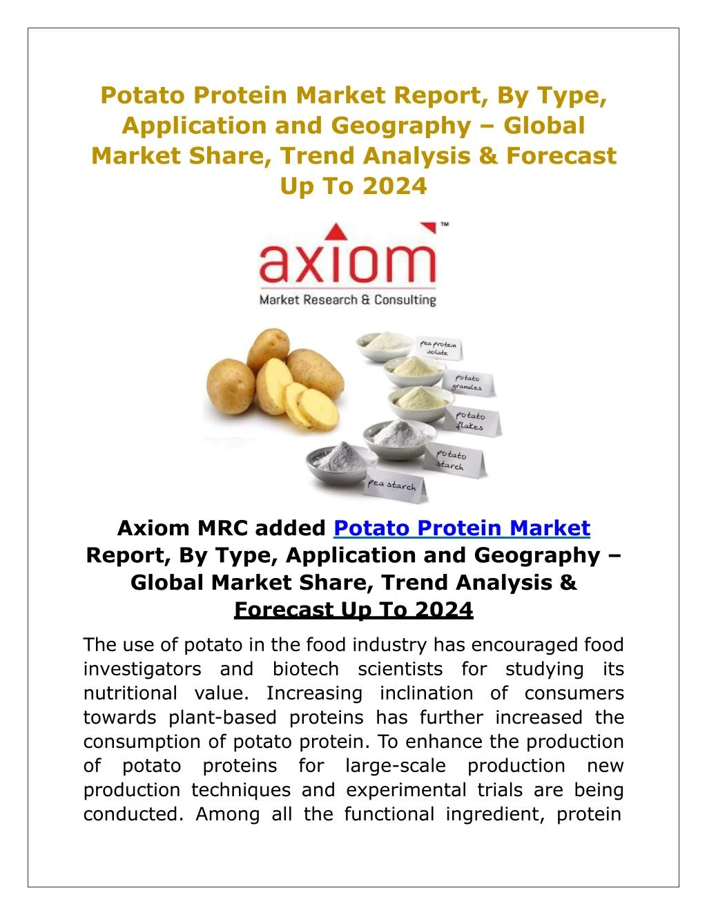 potato protein market report by type application