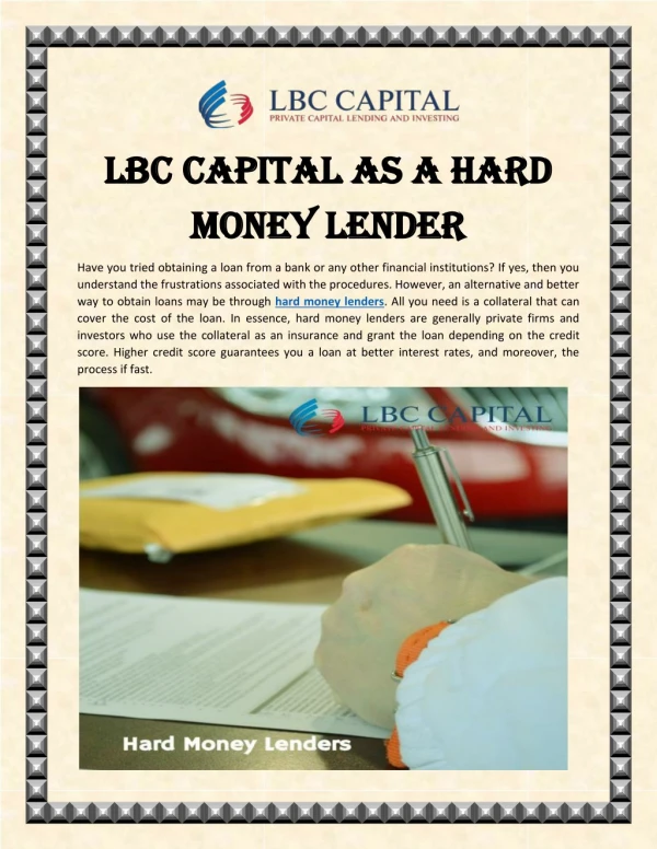 LBC CAPITAL AS A HARD MONEY LENDER