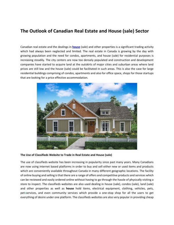 The Outlook of Canadian Real Estate and House (sale) Sector