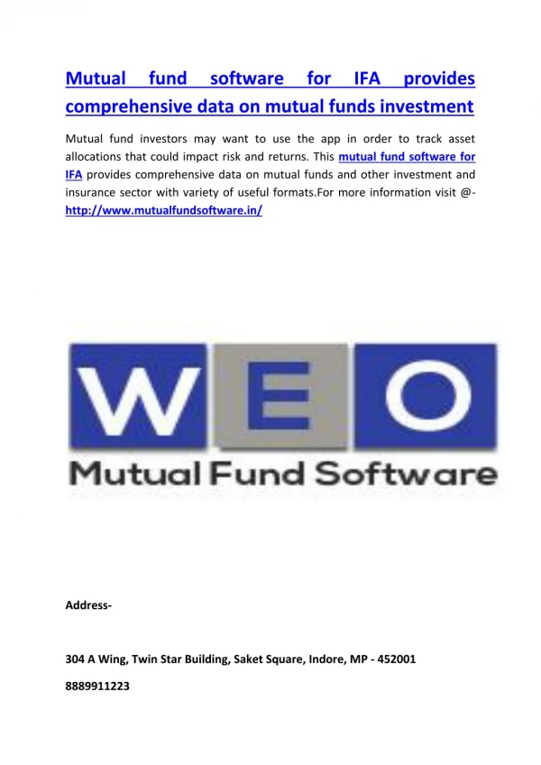 Mutual fund software for IFA provides comprehensive data on mutual funds investment