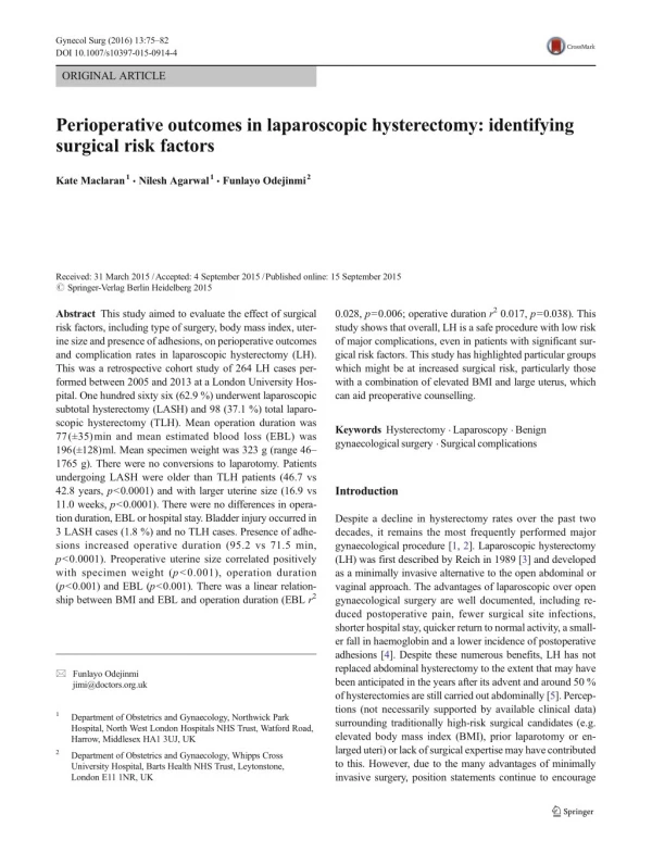 Perioperative outcomes in laparoscopic hysterectomy: identifying surgical risk factors