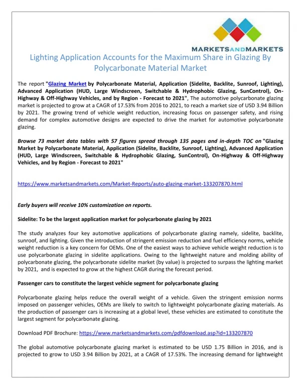 Lighting to Be the Largest Application Segment of the Glazing By Polycarbonate Material Market