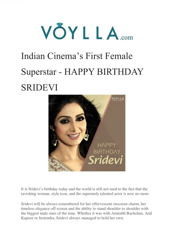 Indian Cinema’s First Female Superstar- HAPPY BIRTHDAY SRIDEVI