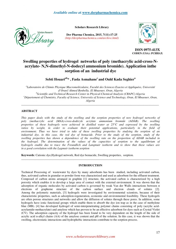 Swelling properties of hydrogel networks of poly (methacrylic acid-cross-Nacrylate- N,N-dimethyl-N-dodecyl ammonium brom