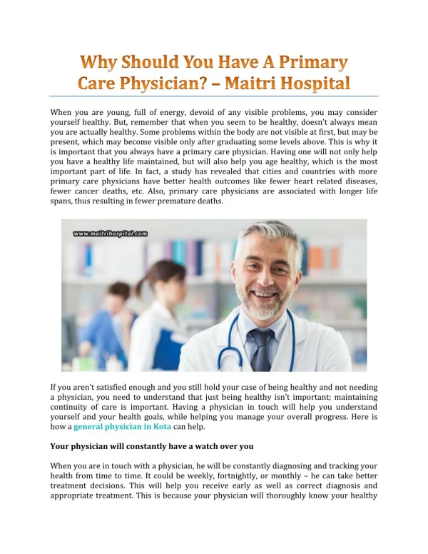 Why Should You Have A Primary Care Physician? - Maitri Hospital