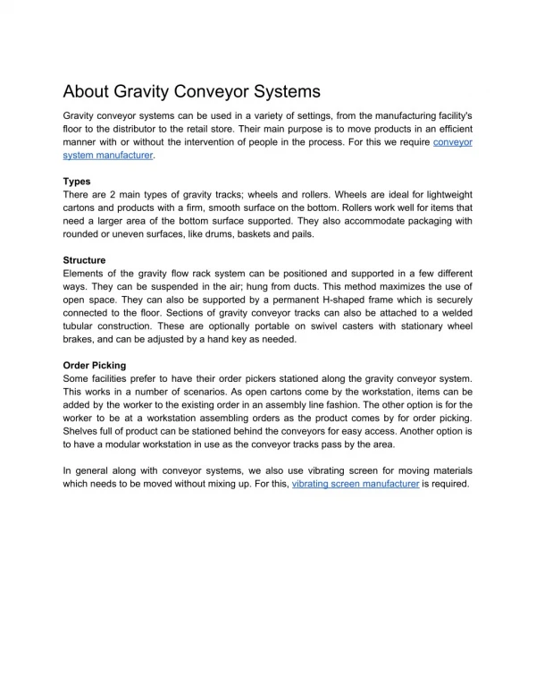 About Gravity Conveyor Systems