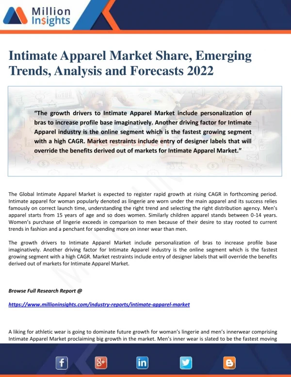 Intimate Apparel Market Share, Emerging Trends, Analysis and Forecasts 2022