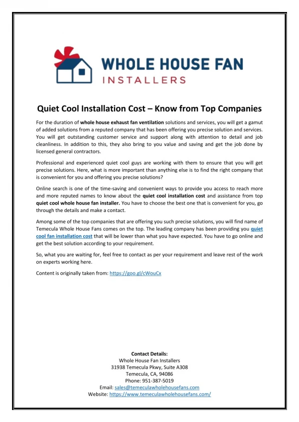 Quiet Cool Installation Cost – Know from Top Companies