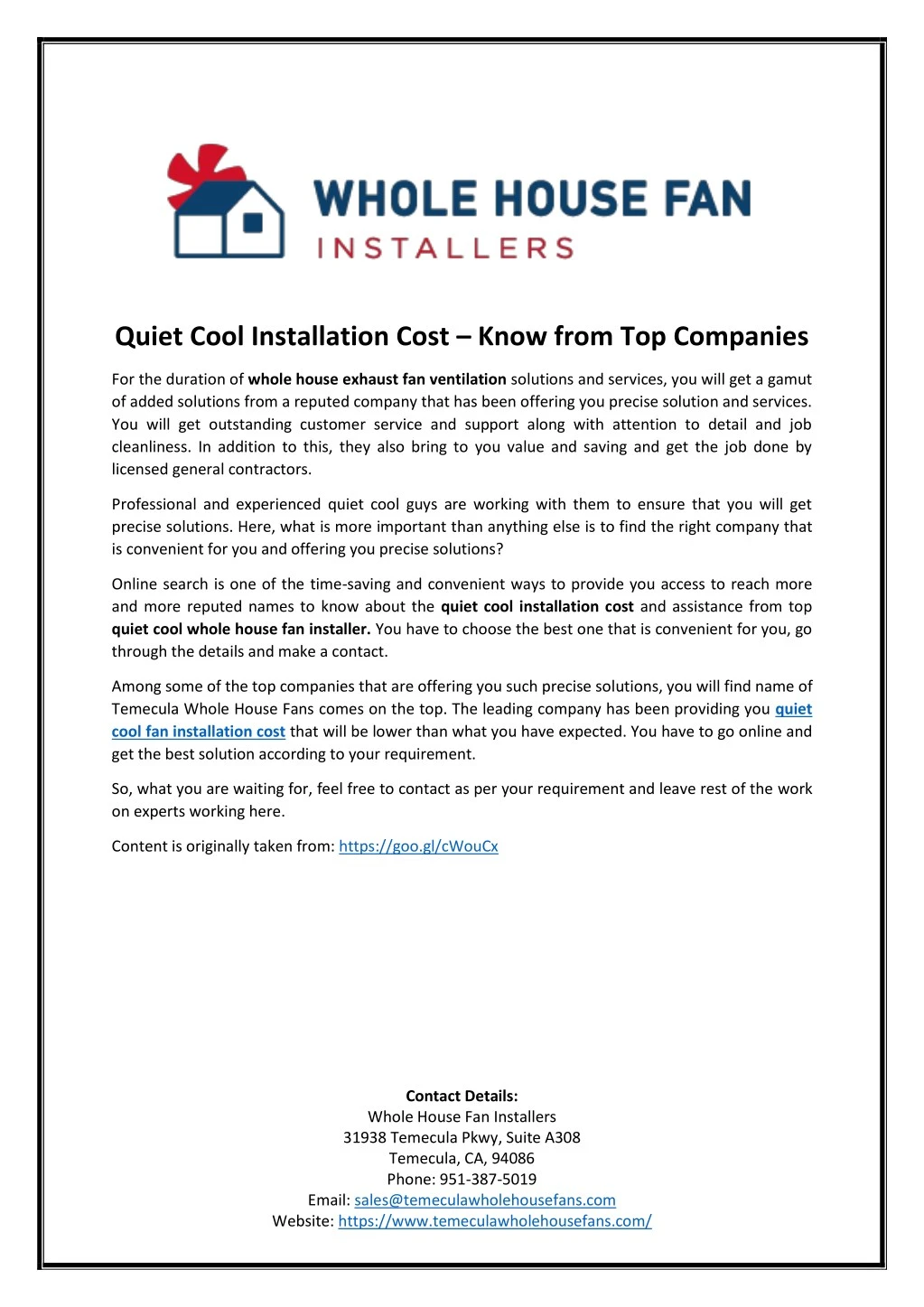 quiet cool installation cost know from