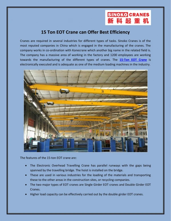 15 Ton EOT Crane can Offer Best Efficiency