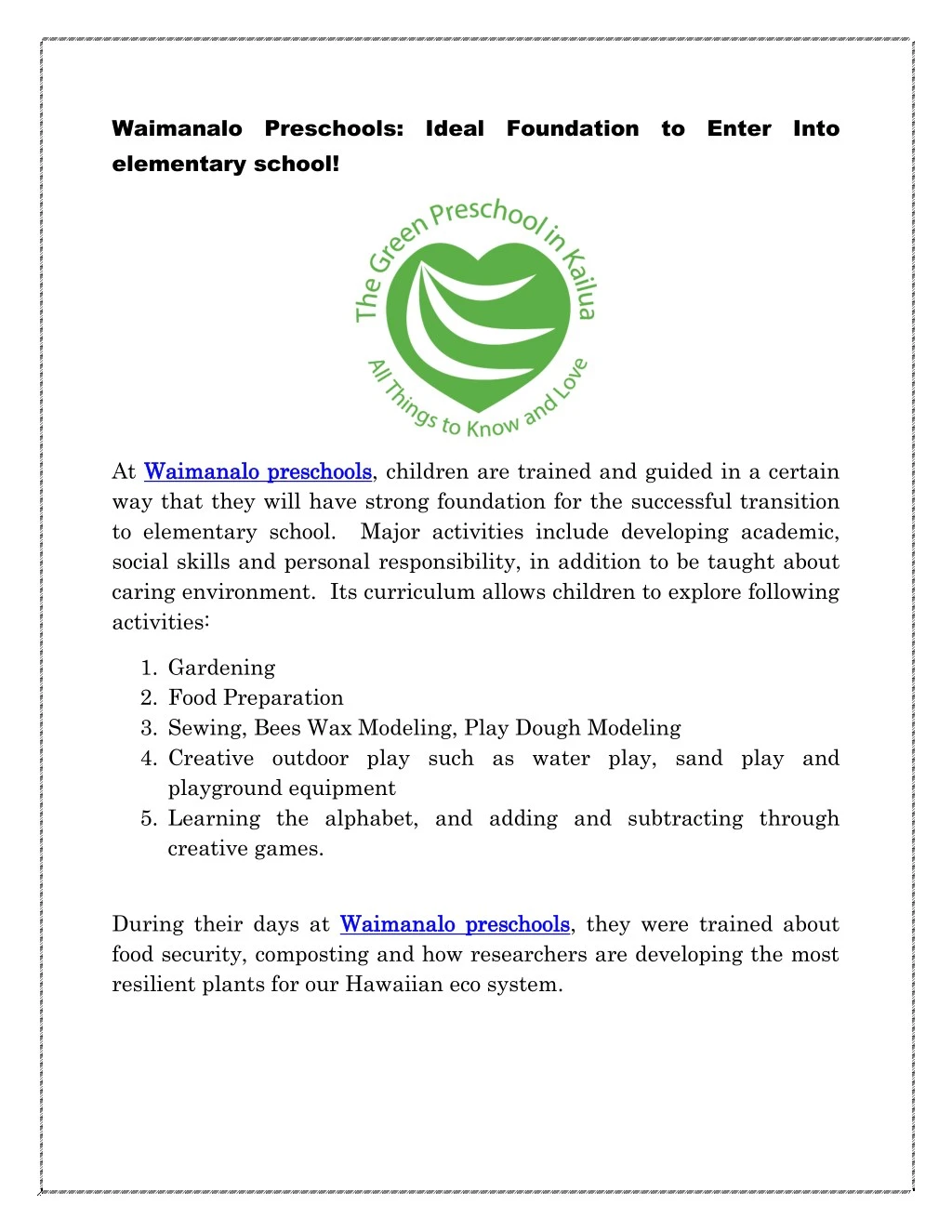 waimanalo preschools ideal foundation to enter