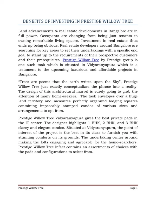 Benefits of Investing in Prestige Willow Tree in Vidyaranyapura