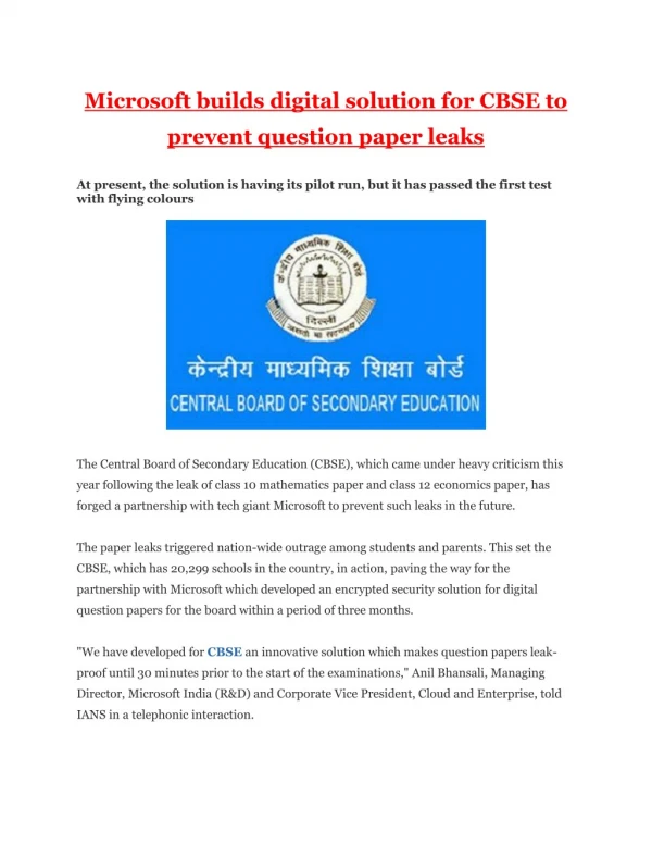 Microsoft builds digital solution for CBSE to prevent question paper leaks