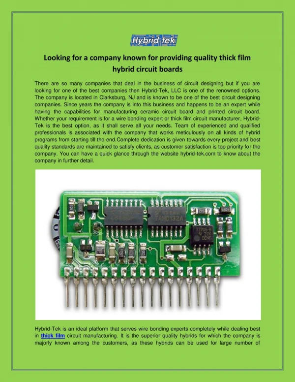 Looking for a company known for providing quality thick film hybrid circuit boards