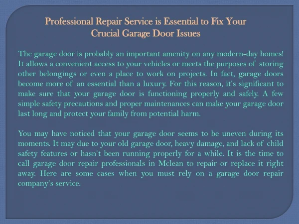 Professional Repair Service is Essential to Fix Your Crucial Garage Door Issues