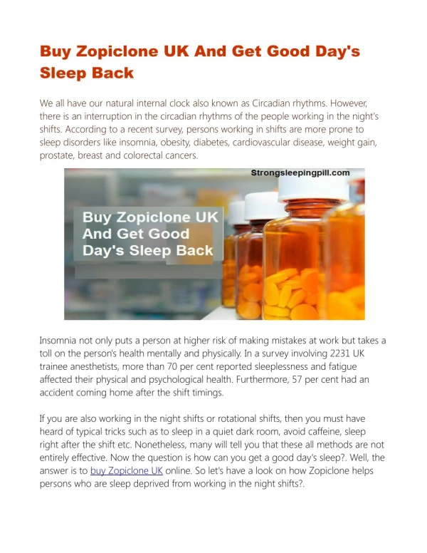 Buy Zopiclone UK And Get Good Day's Sleep Back