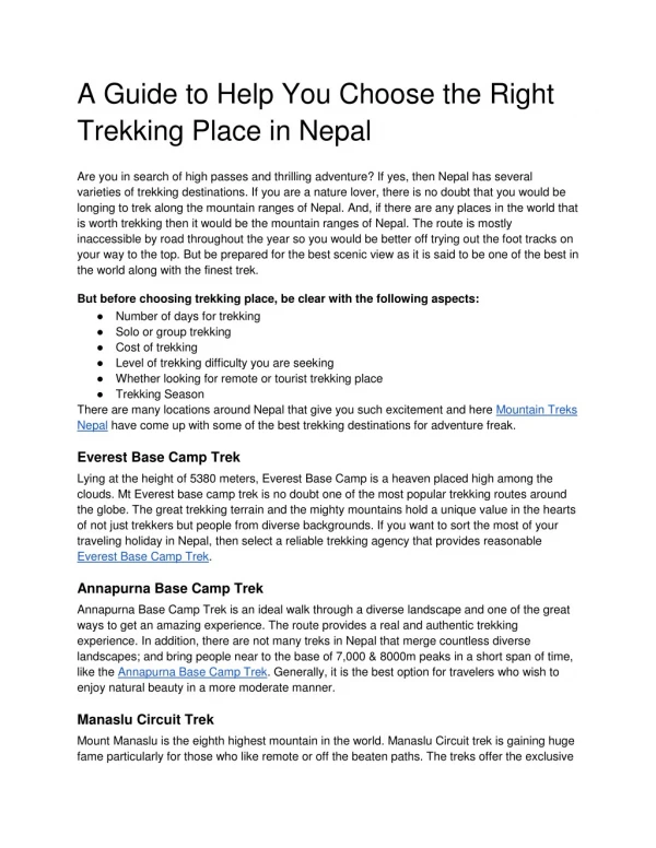 A Guide to Help You Choose the Right Trekking Place in Nepal