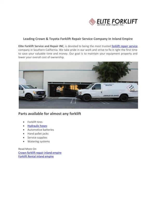 Leading Crown & Toyota Forklift Repair Service Company In Inland Empire